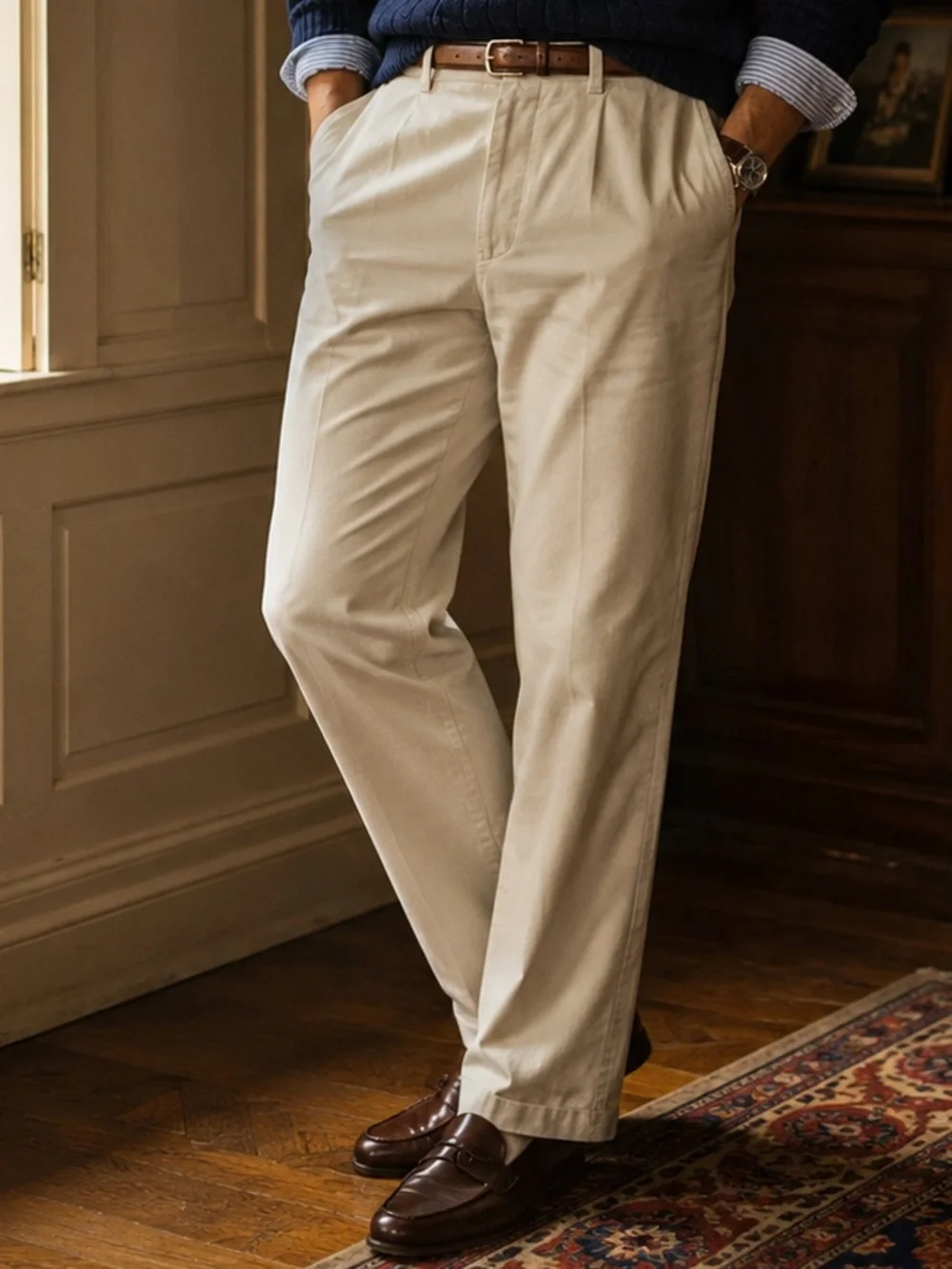 Vintage Polo Ralph Lauren Beige Classic Fit Cotton Chinos Flat Front Preppy